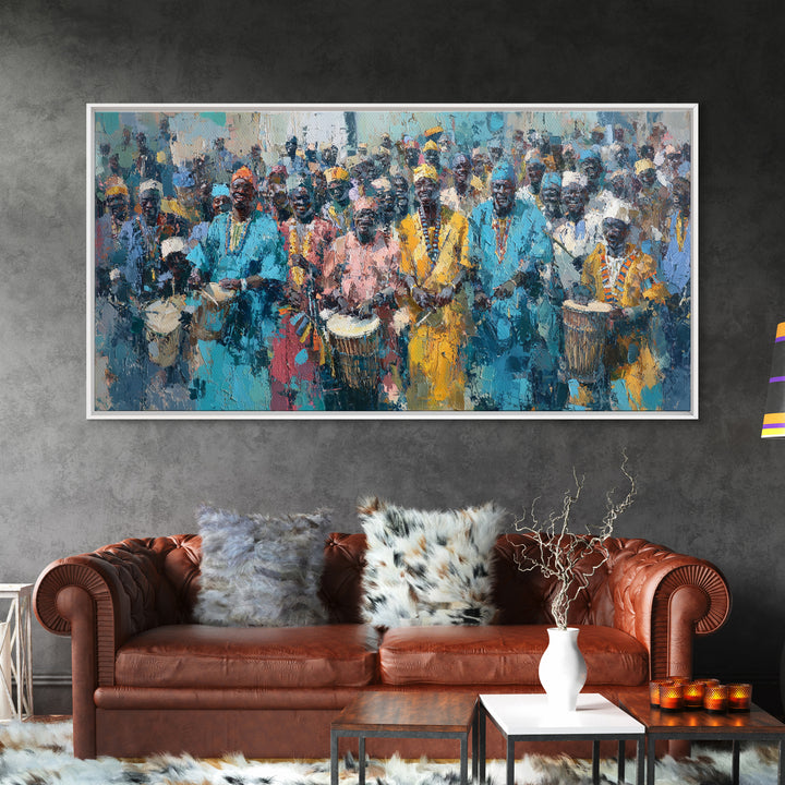 Vibrant African Drumming Procession Framed Canvas Print, Cultural Celebration Wall Decor, Afrocentric Home Decor Gift Art