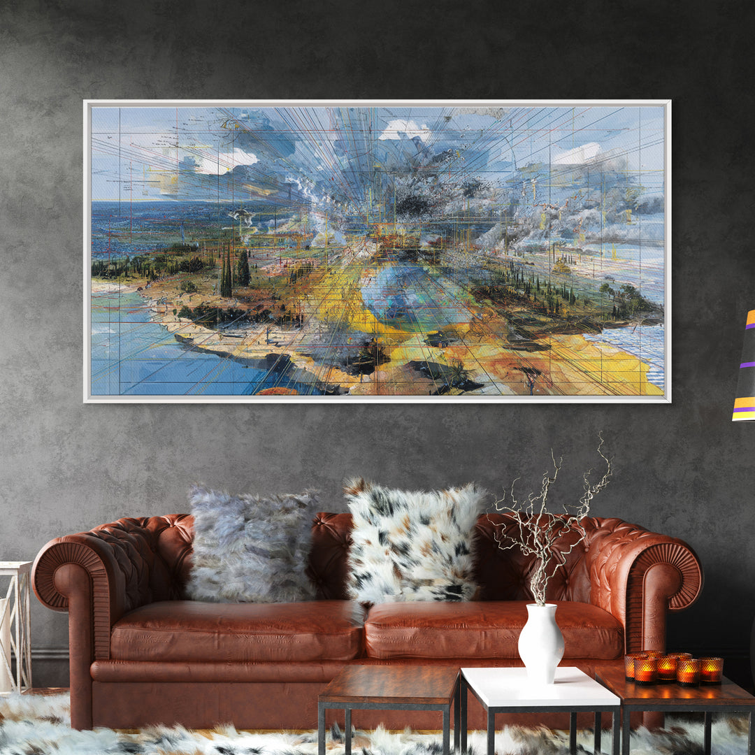 Abstract Coastal African Cityscape Wall Art, Modern Landscape Canvas Decor, Blue Ocean Skyline, Luxury Office Home Decor Gift