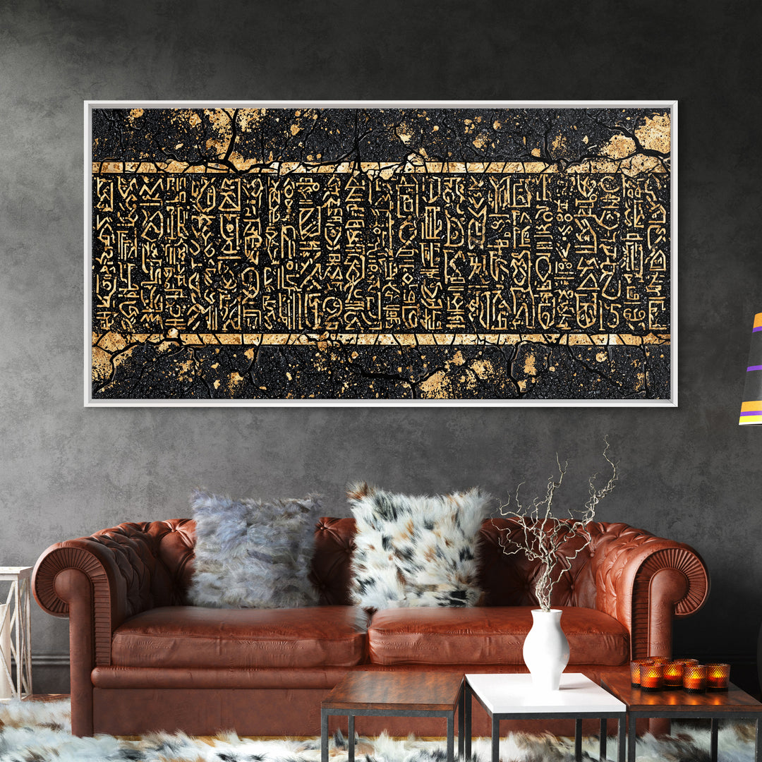 Gold Egyptian Hieroglyph Panel Wall Art, African Culture Art Print, Ancient African Decor, Black And Gold Statement Canvas