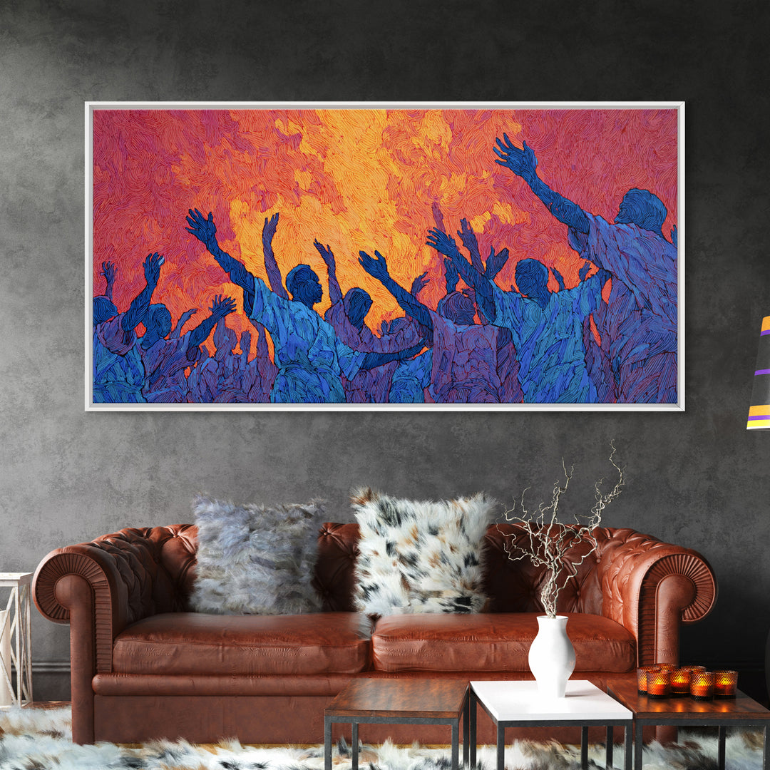 Blue Celebration Crowd Wall Art, African Festival Dance, Abstract African Art, Spiritual Wall Decor, Vibrant Canvas Print