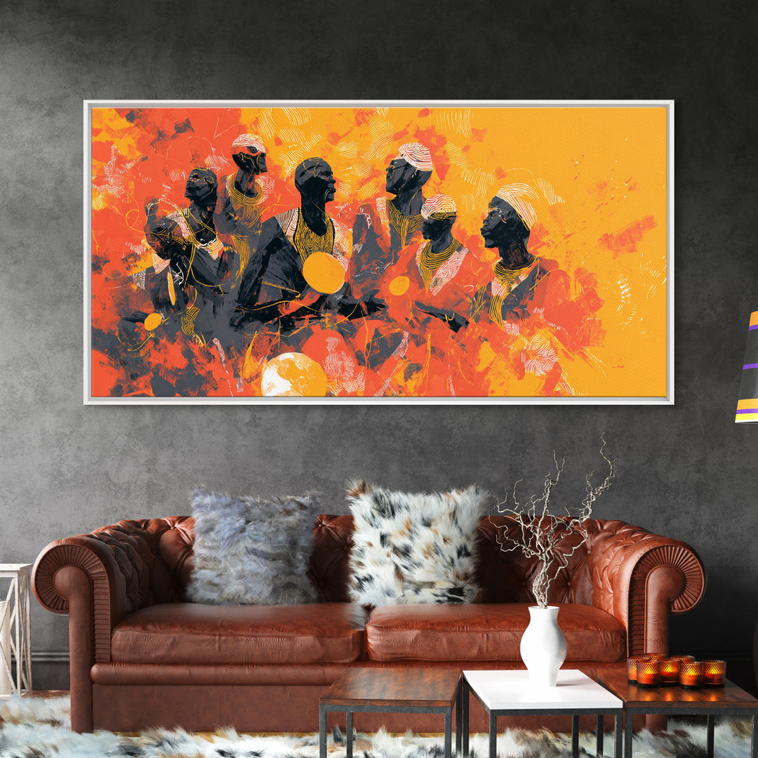Orange African Drummers Wall Art, Tribal Music Painting, African Women Art, Afrocentric Decor, Cultural Home Decor Canvas Print