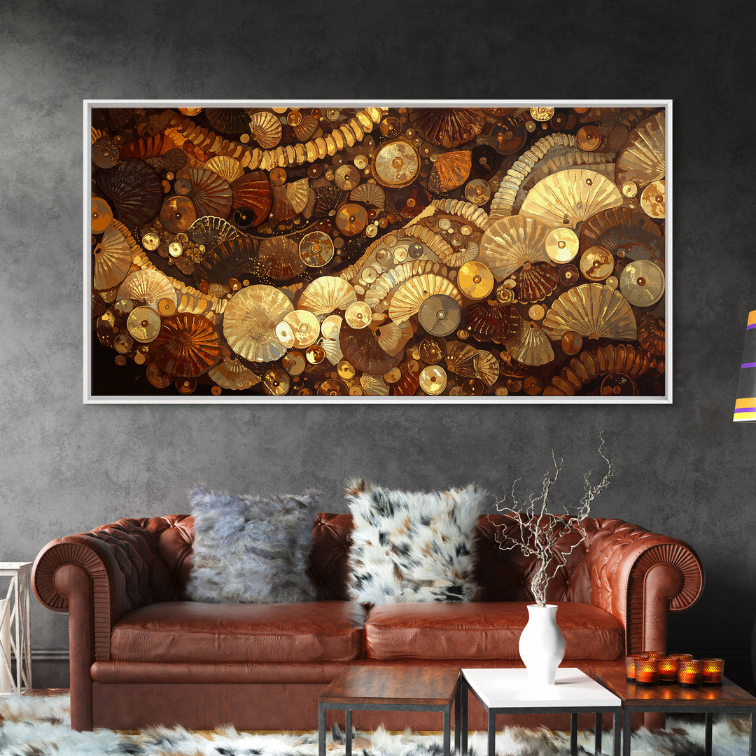 Gold Brown Shell Mosaic Wall Art, Abstract African Patterns, Luxury Art Home Decor, Earth Tone Bohemian Framed Canvas Print