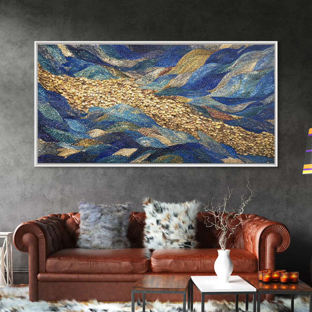 Blue Gold River Mosaic Wall Art, African Landscape, Textured Art Print, Coastal Abstract Decor, Modern Large Canvas Print