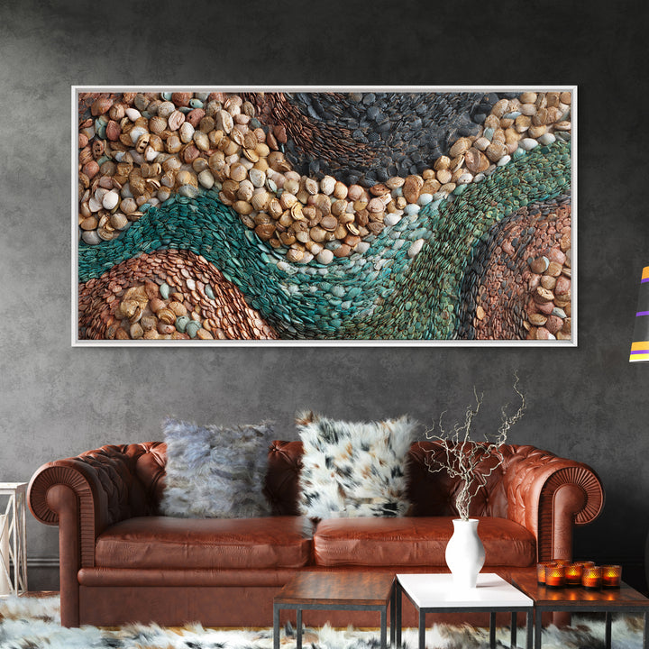 Teal Earth Shell Landscape Wall Art, Textured African Abstract, Boho Wall Decor, Nature Inspired Home Decor Framed Canvas Print