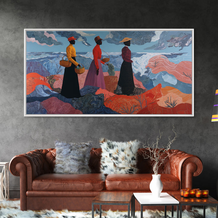 Three African Women By Stormy Sea Wall Art, Coastal Figurative Painting, Afrocentric Decor, Black Culture Art Print, Home Decor