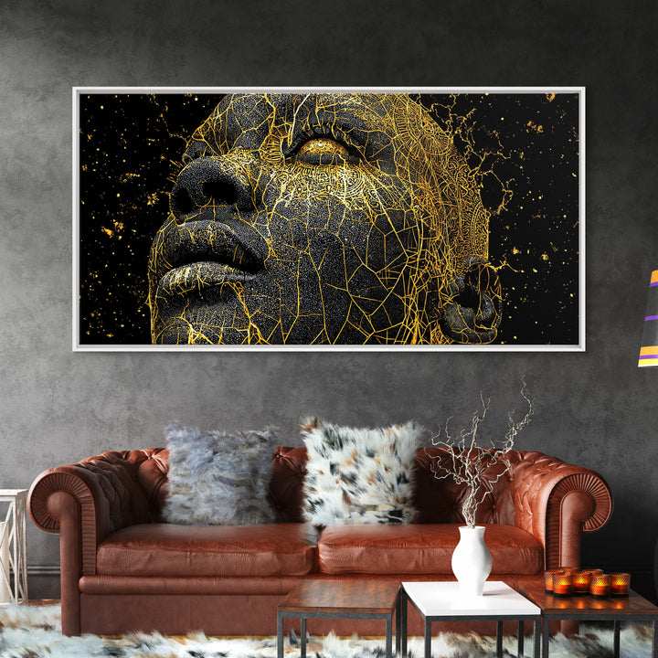 Golden Cracked Black Face Portrait Canvas Print, Abstract African Art, Melanin Artwork, Modern Black Art Decor, Gift For Him