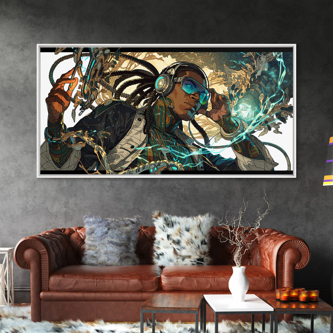 Afrofuturist Black Woman With Headphones Framed Canvas Print, Sci Fi Portrait, Afrocentric Wall Art, Digital Art Decor Gift