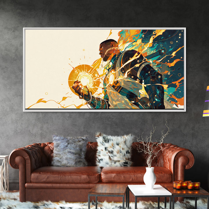 Black Futuristic Warrior Holding Sun Canvas Print, Afrofuturism Decor, Modern African Art, Teal Orange Wall Art Gift For Him