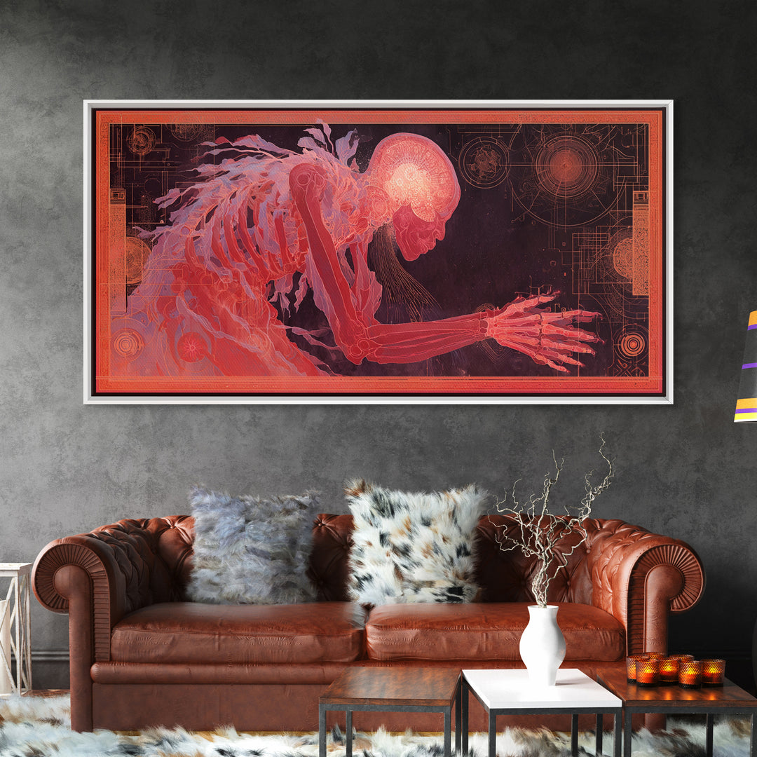 Pink Cybernetic Spirit Skeleton Framed Canvas Print, Futuristic Sci Fi Anatomy Wall Art, Mystical Afrocentric Decor Gift