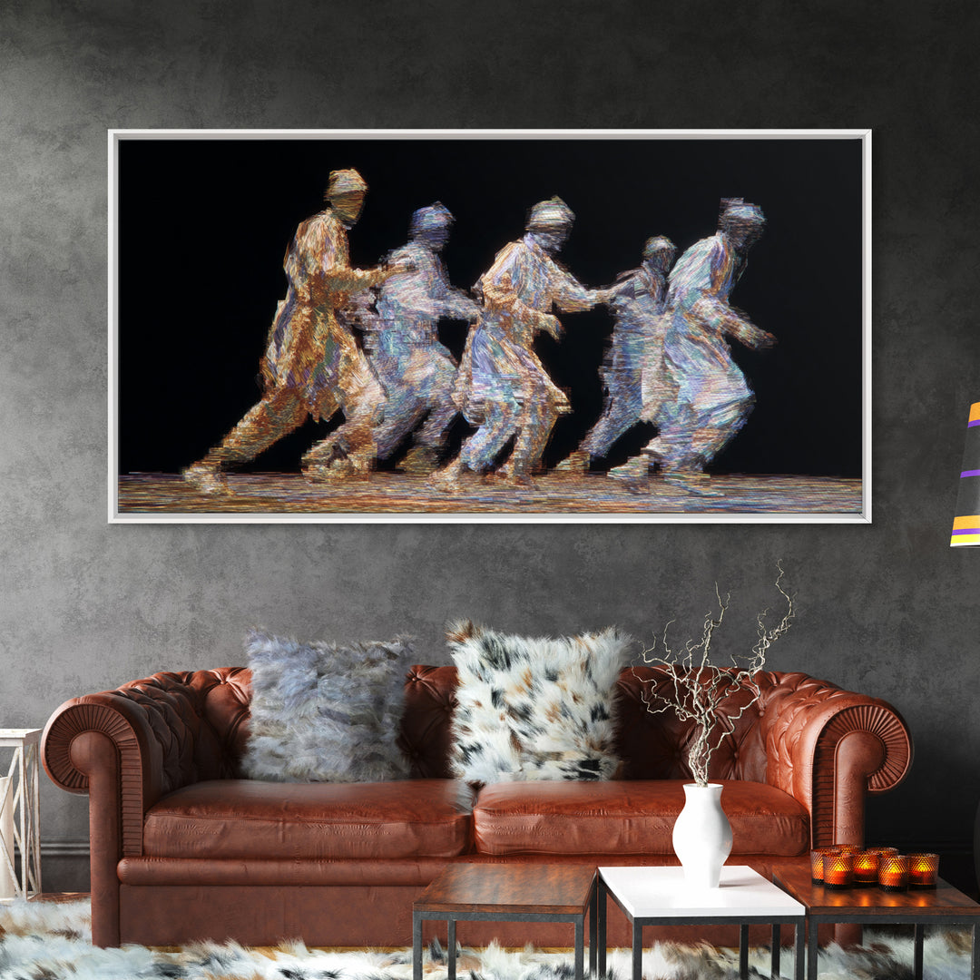 Five Glowing Figures Running On Black Canvas Print, Abstract Motion Wall Art, African Diaspora Art, Modern Home Decor Gift