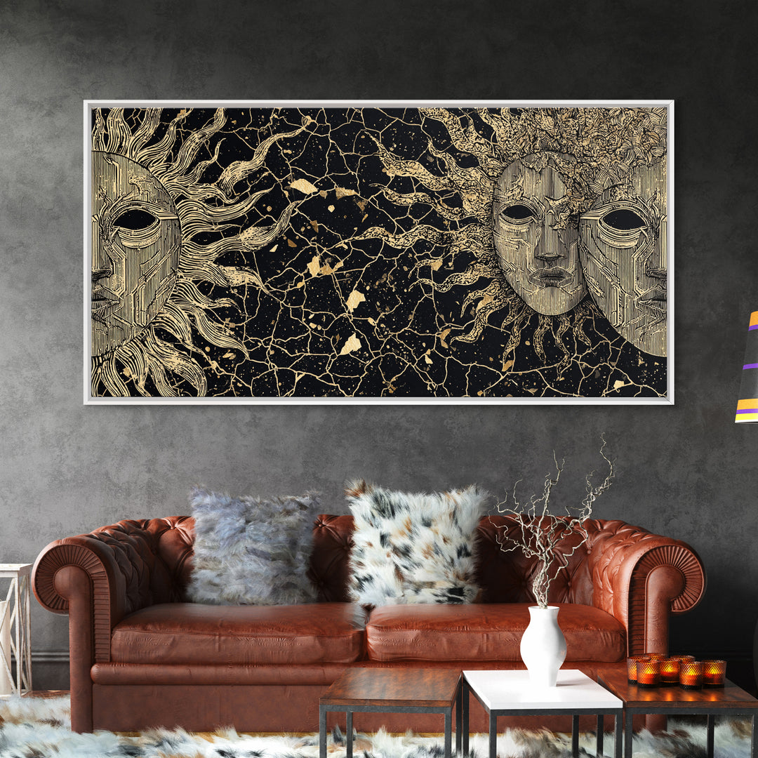 Golden African Masks On Black Abstract Wall Art, Tribal Mask Canvas Print, African Decor, Cultural Home Decor Gift, Statement Piece