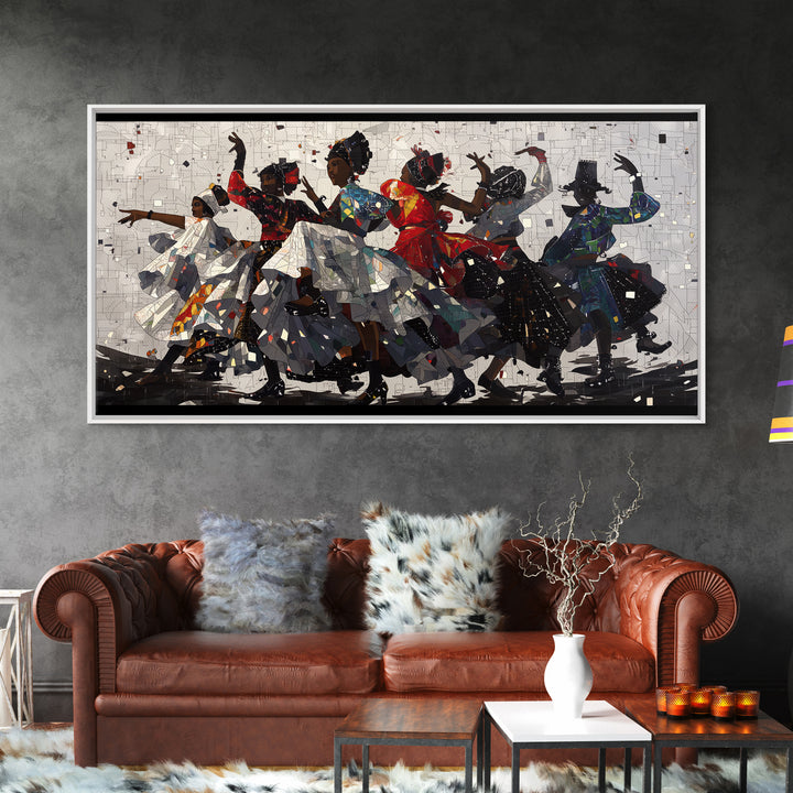 African Women Dancing In Colorful Dresses Wall Art, Afrocentric Culture Decor, Black Women Art, Tribal Dance Canvas Print