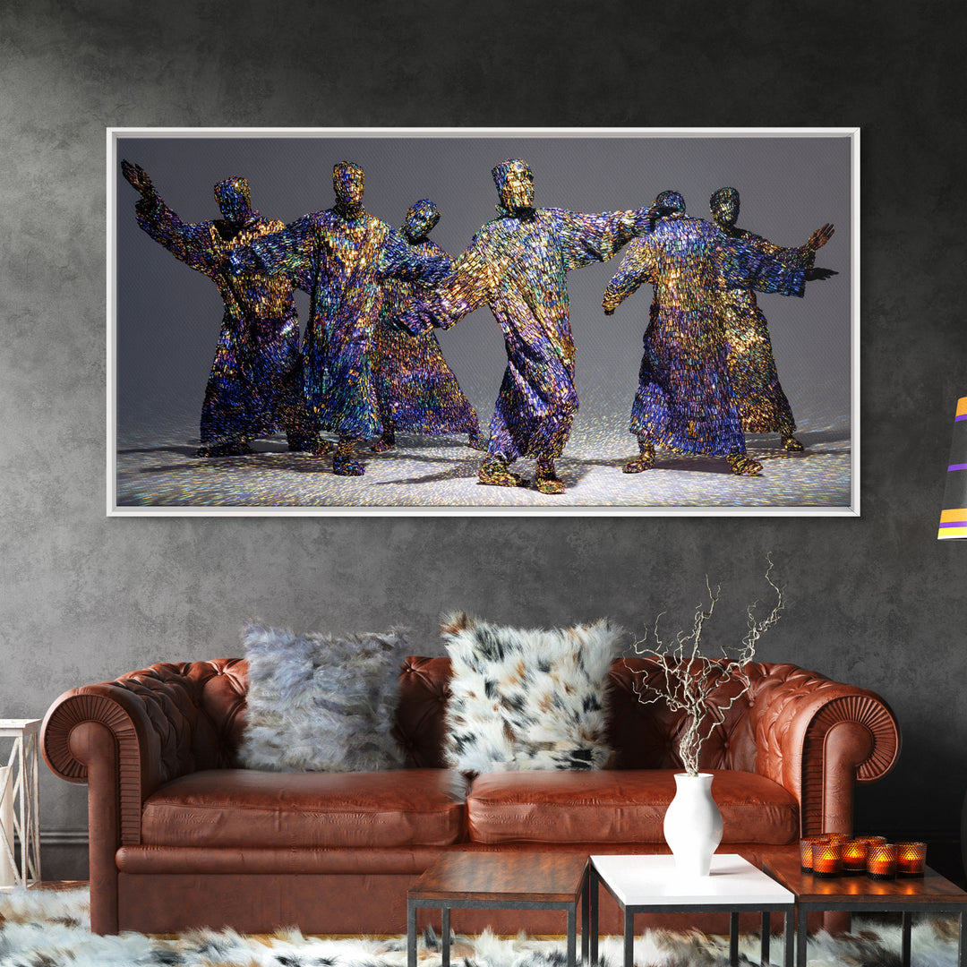 Shimmering Abstract African Figures Dancing Framed Canvas Print, Gold Black Art, Contemporary Afrocentric Wall Decor, Luxury Canvas Art
