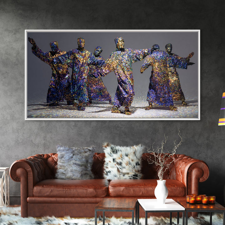 Shimmering Abstract African Figures Dancing Framed Canvas Print, Gold Black Art, Contemporary Afrocentric Wall Decor, Luxury Canvas Art