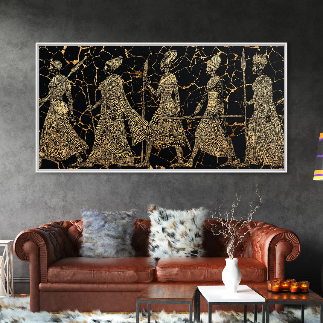 Gold Tribal Women Procession On Black Wall Art, African Patterns, Elegant Cultural Decor, Boho African Canvas Print For Bedroom