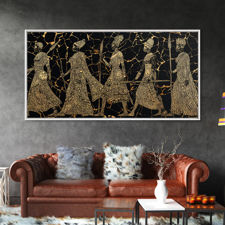 Gold Tribal Women Procession On Black Wall Art, African Patterns, Elegant Cultural Decor, Boho African Canvas Print For Bedroom