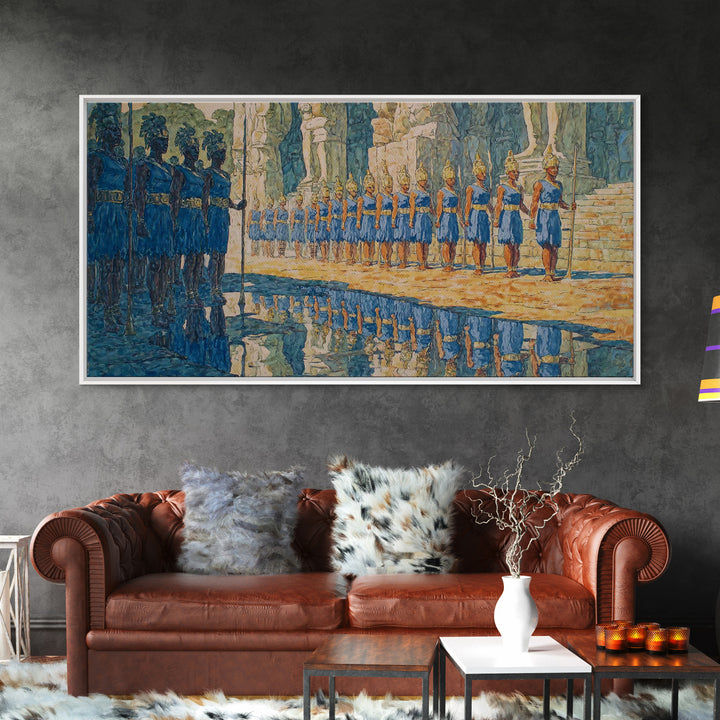 Blue Palace Guard Procession Canvas Print, African Warrior Art, Royal Cultural Wall Decor, Statement Living Room Artwork
