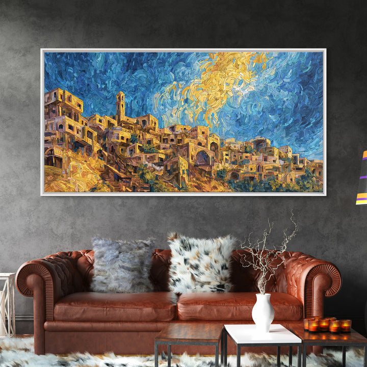 Swirling Sky Desert Village Framed Canvas Print, African Landscape Wall Art, Dreamy Blue Gold Home Decor, Unique Gift Idea