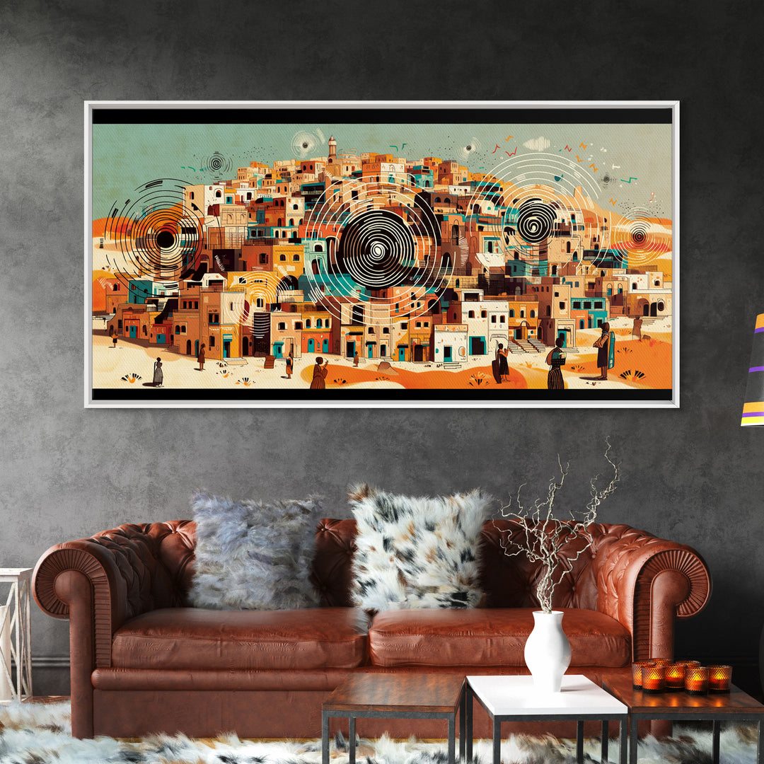 Panoramic Desert City With Circular Motifs Canvas Print, African Landscape, Modern Wall Art, Terracotta Home Decor Gift For Him