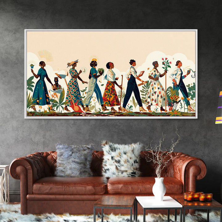 Elegant African Women Procession Wall Art, Floral Ankara Dresses, Feminine Afrocentric Decor, Black Woman Art Gift For Her