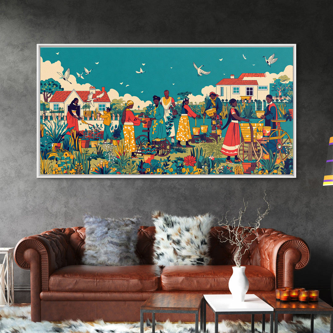 Joyful African Village Garden Canvas Print, Black Women Community Scene, Colorful Afrocentric Wall Decor, Housewarming Gift