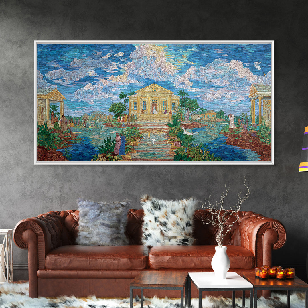 Dreamy Temple Lake Landscape Wall Art, Blue Impressionist Nature Scene, Spiritual African Inspired Decor, Elegant Home Gift