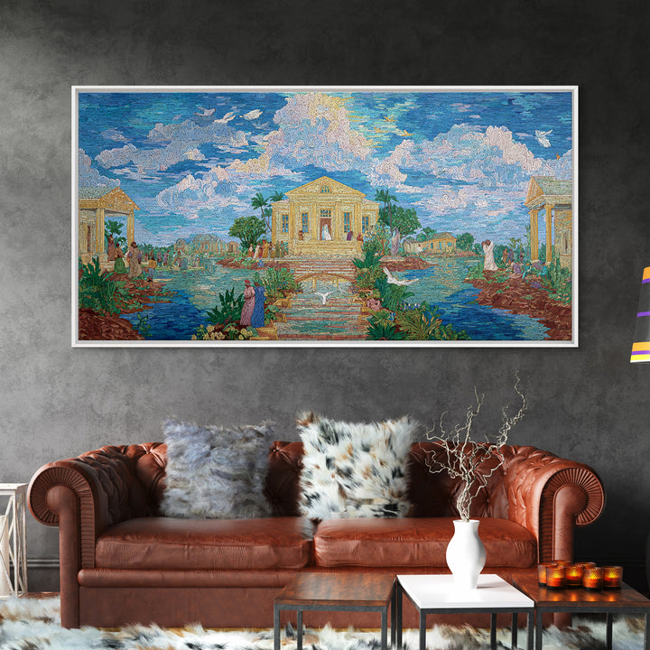 Dreamy Temple Lake Landscape Wall Art, Blue Impressionist Nature Scene, Spiritual African Inspired Decor, Elegant Home Gift