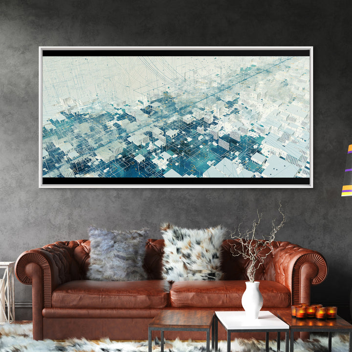Abstract Blue City Grid Canvas Print, Minimalist Digital Landscape, Modern Wall Art, Cool Geometric Office Decor Art Gift