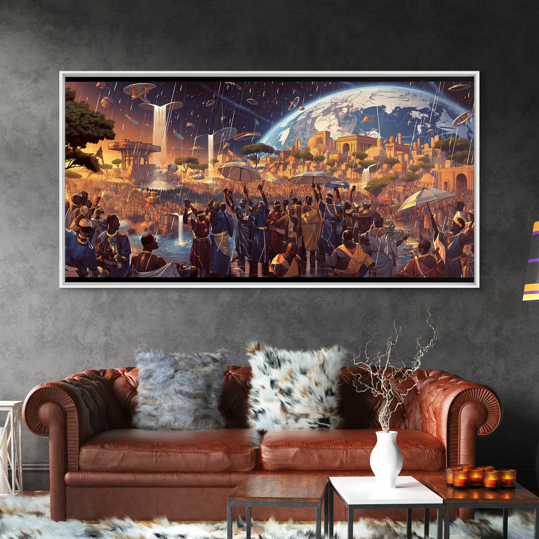Afrofuturist African City Celebration Framed Canvas Print, Black Culture Art, Afrocentric Wall Art, Bold Home Decor, Statement Piece