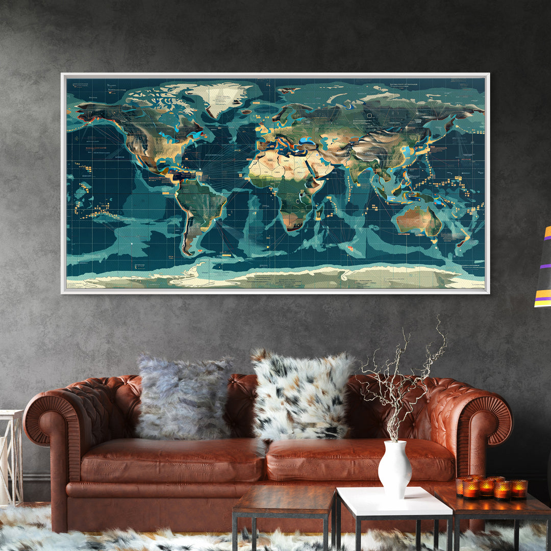 Teal Illustrated World Map Wall Art, Digital Art, Office Decor, Modern Wall Decor, Large Canvas Wall Art, Gift For Travelers