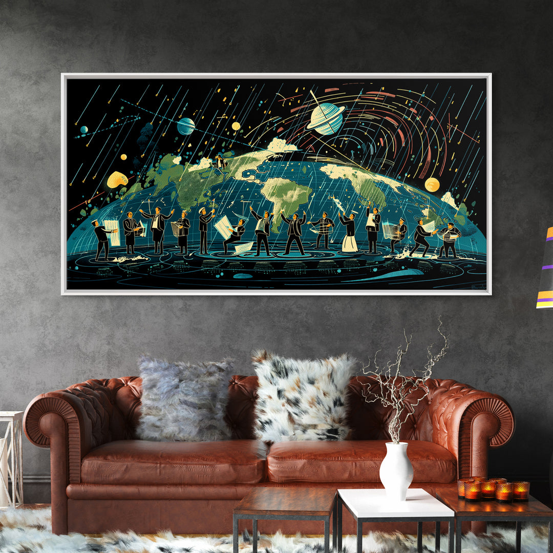 Cosmic Orchestra Over Earth Canvas Print, Digital Art, Modern Wall Art, Music Room Decor, Unique Canvas Art, Gift For Him