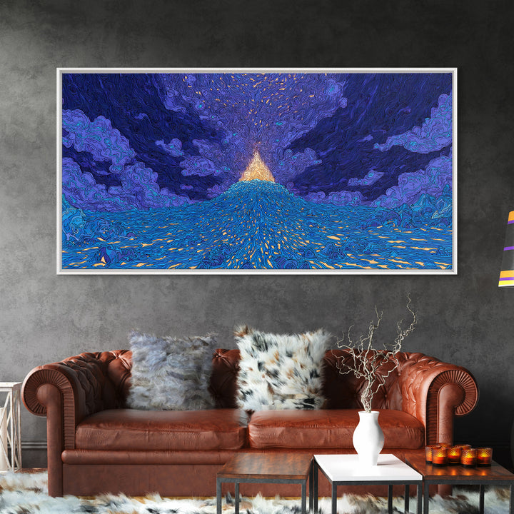 Glowing Golden Pyramid Over Blue Sea Wall Art, Mystical Wall Art, Spiritual Wall Decor, Dreamy Wall Art, Unique Home Decor