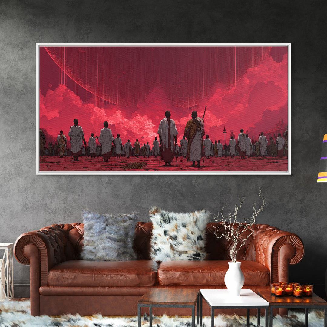 Red Dystopian Pilgrimage Landscape Framed Canvas Print, African Inspired Wall Art, Cultural Art, Bold Living Room Decor, Gift