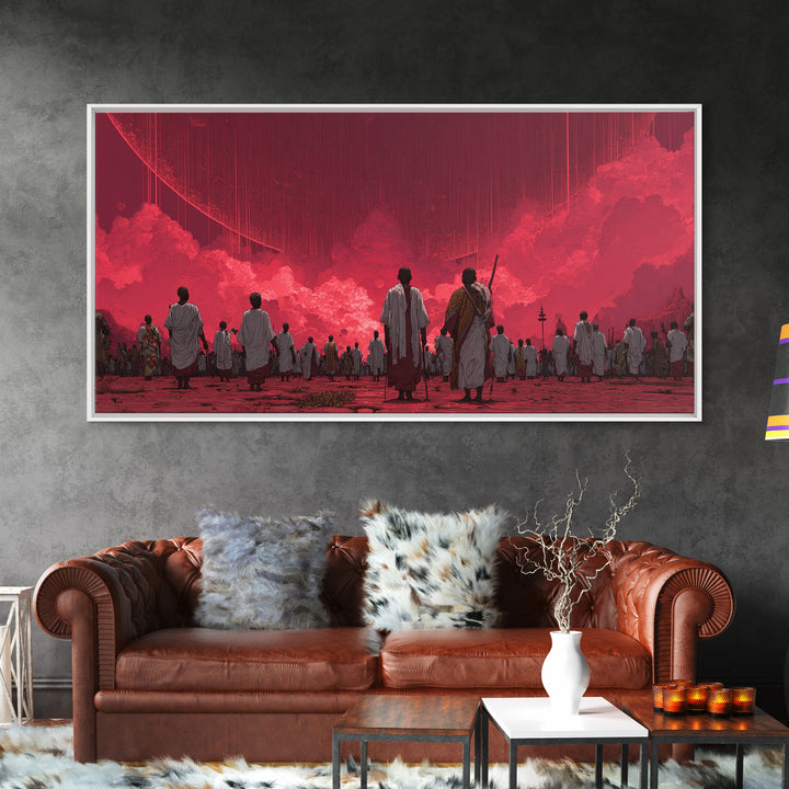 Red Dystopian Pilgrimage Landscape Framed Canvas Print, African Inspired Wall Art, Cultural Art, Bold Living Room Decor, Gift