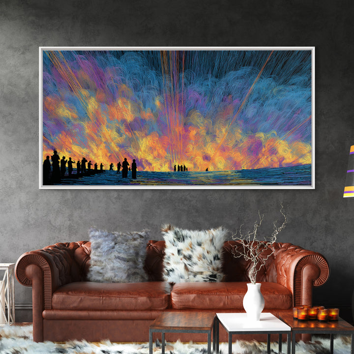 Cosmic Sunset Figures By The Sea Canvas Print, Colorful Wall Decor, Modern Abstract Art, Statement Wall Art, Unique Gift