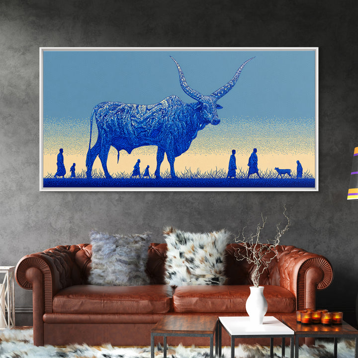 Giant Blue Longhorn Cattle Wall Art, African Animal Art Canvas Print, Safari Decor, Statement Living Room Wall Decor Gift