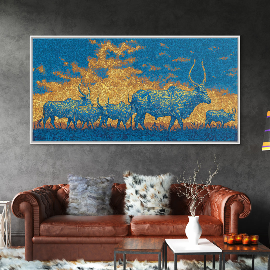 Blue And Gold Watusi Herd Wall Art, African Safari Art Canvas Print, Savanna Landscape, Colorful African Wall Decor Gift