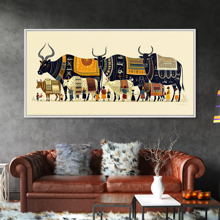Patterned Watusi Cattle Parade Wall Art, African Fabric Canvas Print, Ankara Decor, Cultural Home Decor Unique Gift For Her
