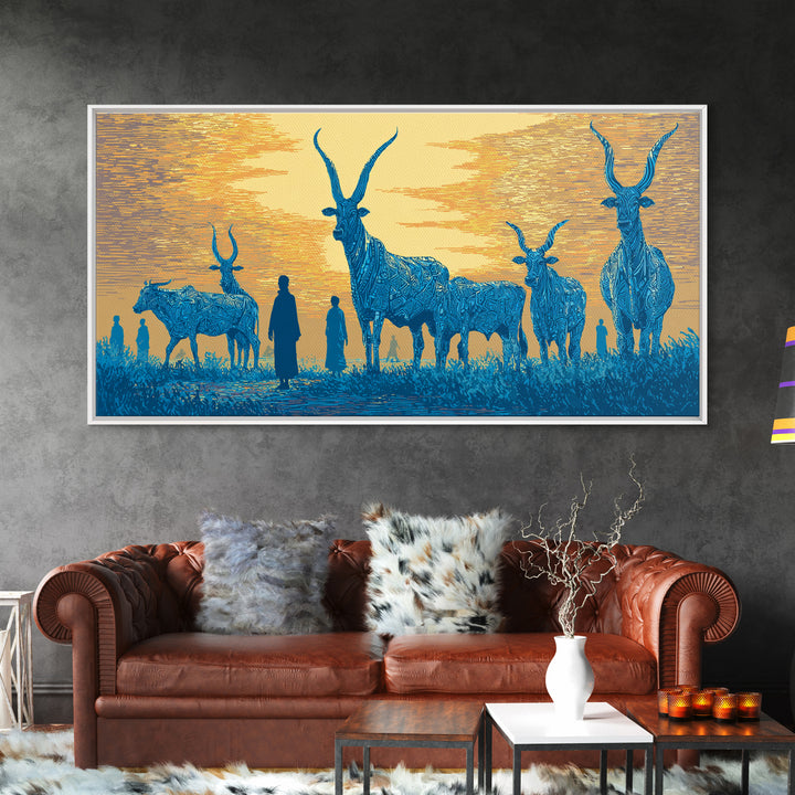 Blue Watusi Cattle Sunset Wall Art, African Safari Art Canvas Print, African Landscape, Rustic Living Room Decor Gift For Him