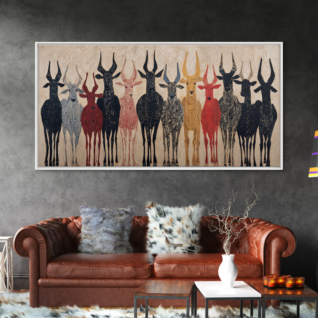 Tribal Antelope Herd Wall Art, African Tribal Art Canvas Print, Earth Tone Safari Decor, Bold Ethnic Wall Decor Gift For Home