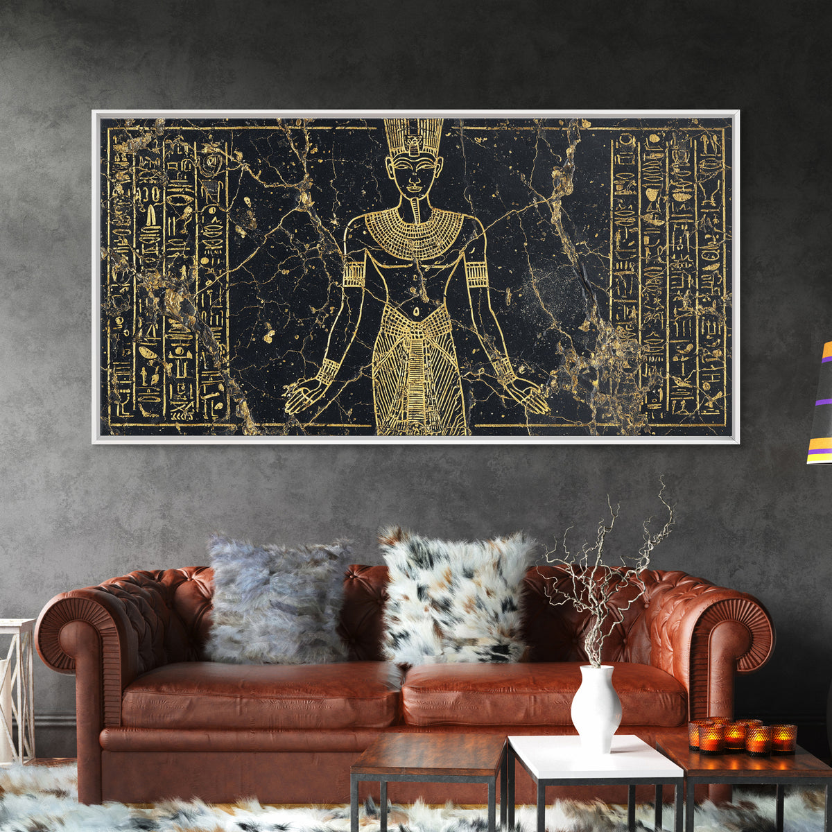 Gold Egyptian Queen Wall Art, African Egyptian Art Canvas Print, Hieroglyph Goddess Portrait, Black And Gold Home Decor Gift