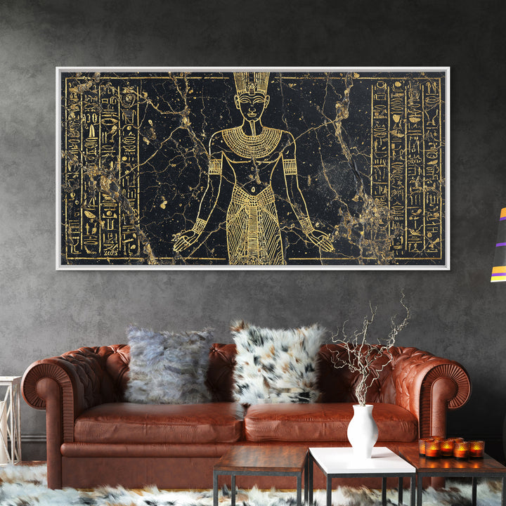 Gold Egyptian Queen Wall Art, African Egyptian Art Canvas Print, Hieroglyph Goddess Portrait, Black And Gold Home Decor Gift