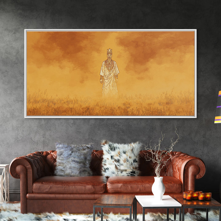 Golden African Spirit Figure Canvas Print, Mystical Savanna Landscape, Earth Tone Afrocentric Decor, Spiritual Wall Art Gift