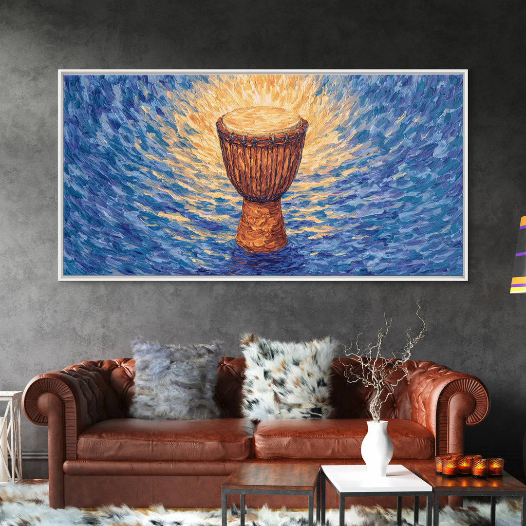 Solo Djembe Drum Framed Canvas Print, African Music Wall Art, Blue Gold Cultural Decor, Afrocentric Rhythm Gift For Living Room