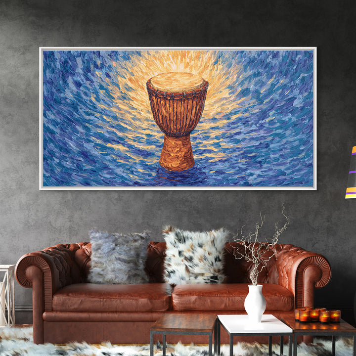 Solo Djembe Drum Framed Canvas Print, African Music Wall Art, Blue Gold Cultural Decor, Afrocentric Rhythm Gift For Living Room