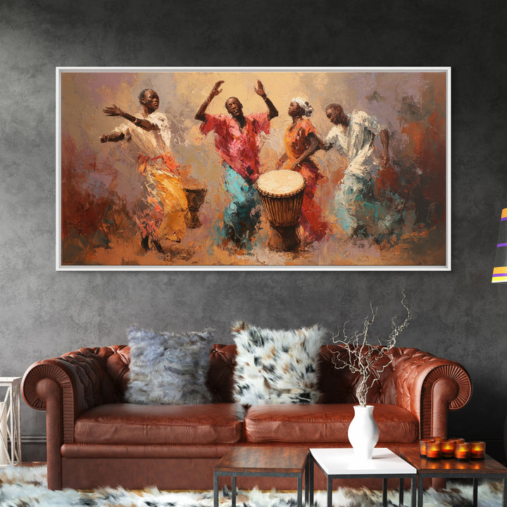 Joyful African Dancers With Drum Wall Art, Abstract Afrocentric Painting, Colorful Cultural Decor, Music Room Canvas Gift