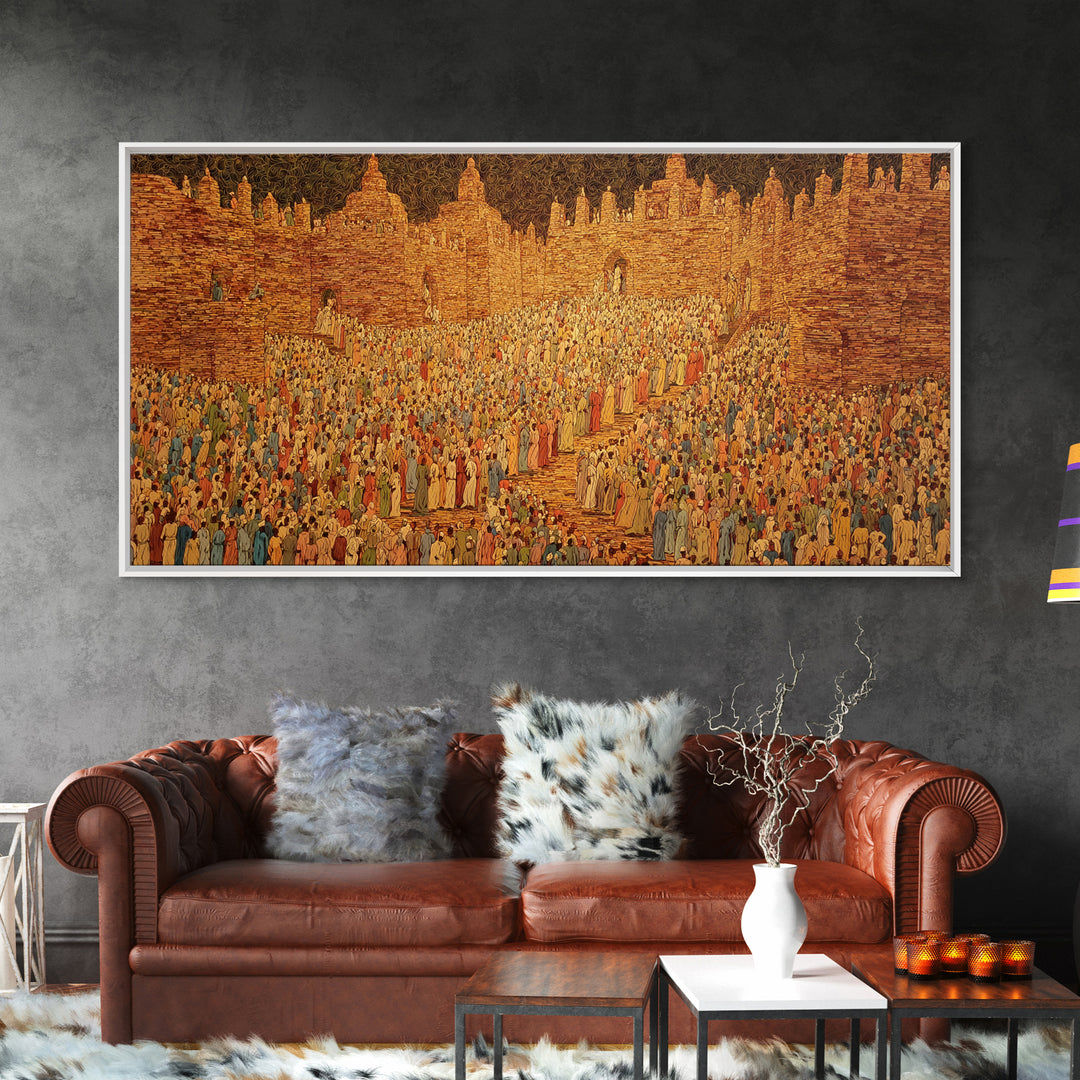 Golden West African City Crowd Canvas Print, Abstract Cultural Wall Decor, Ancient Architecture Art, Warm Earth Tone Gift