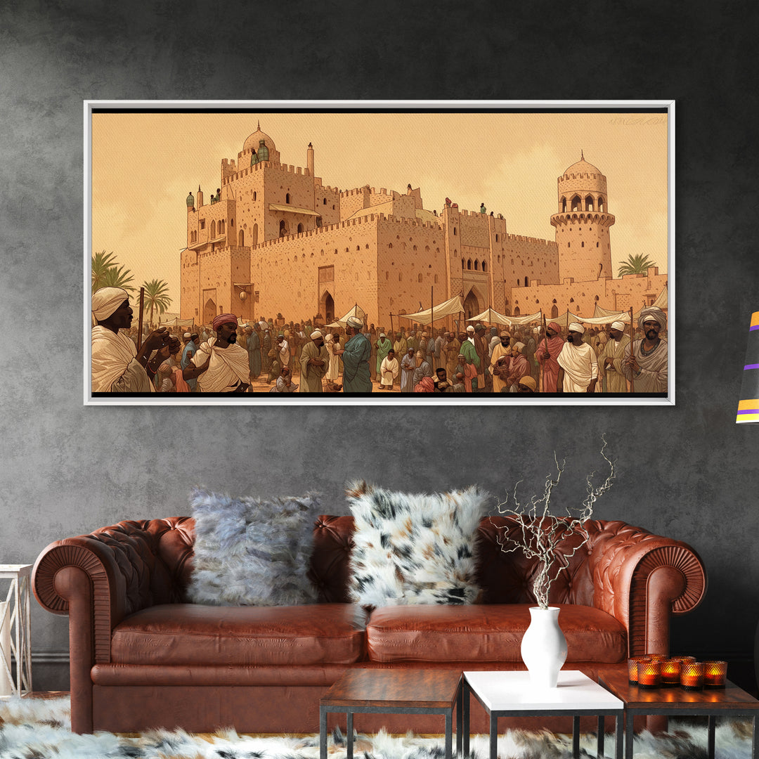 Desert Palace Market Framed Canvas Print, African Travel Wall Decor, Historic Cityscape Painting, Cultural Home Decor Gift