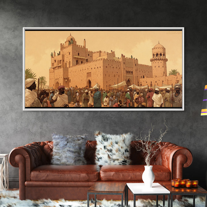 Desert Palace Market Framed Canvas Print, African Travel Wall Decor, Historic Cityscape Painting, Cultural Home Decor Gift