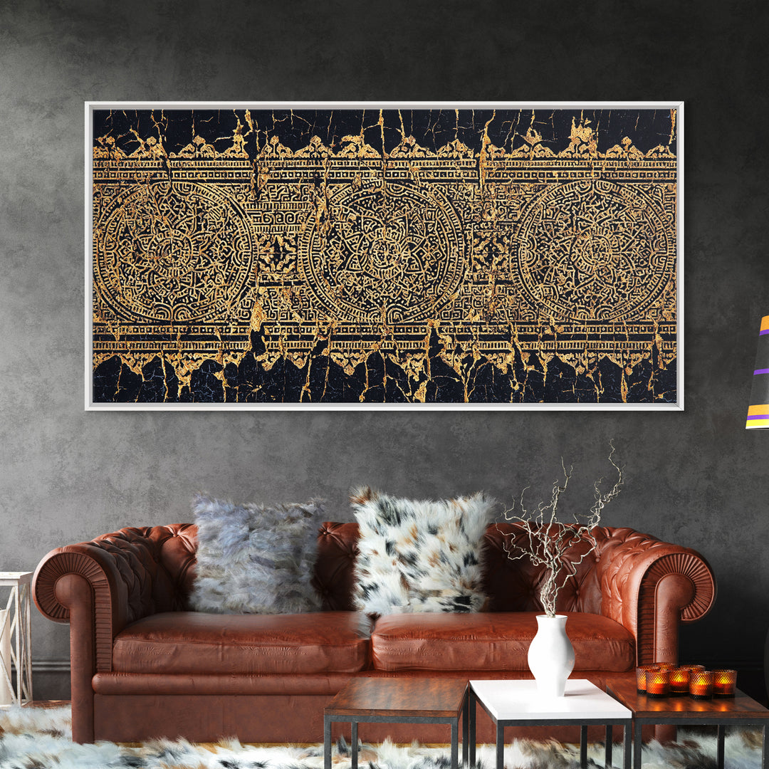 Gold Tribal Pattern Wall Art, African Abstract Textile Print, Black And Gold Decor, Boho Ethnic Home Decor Canvas Print Gift